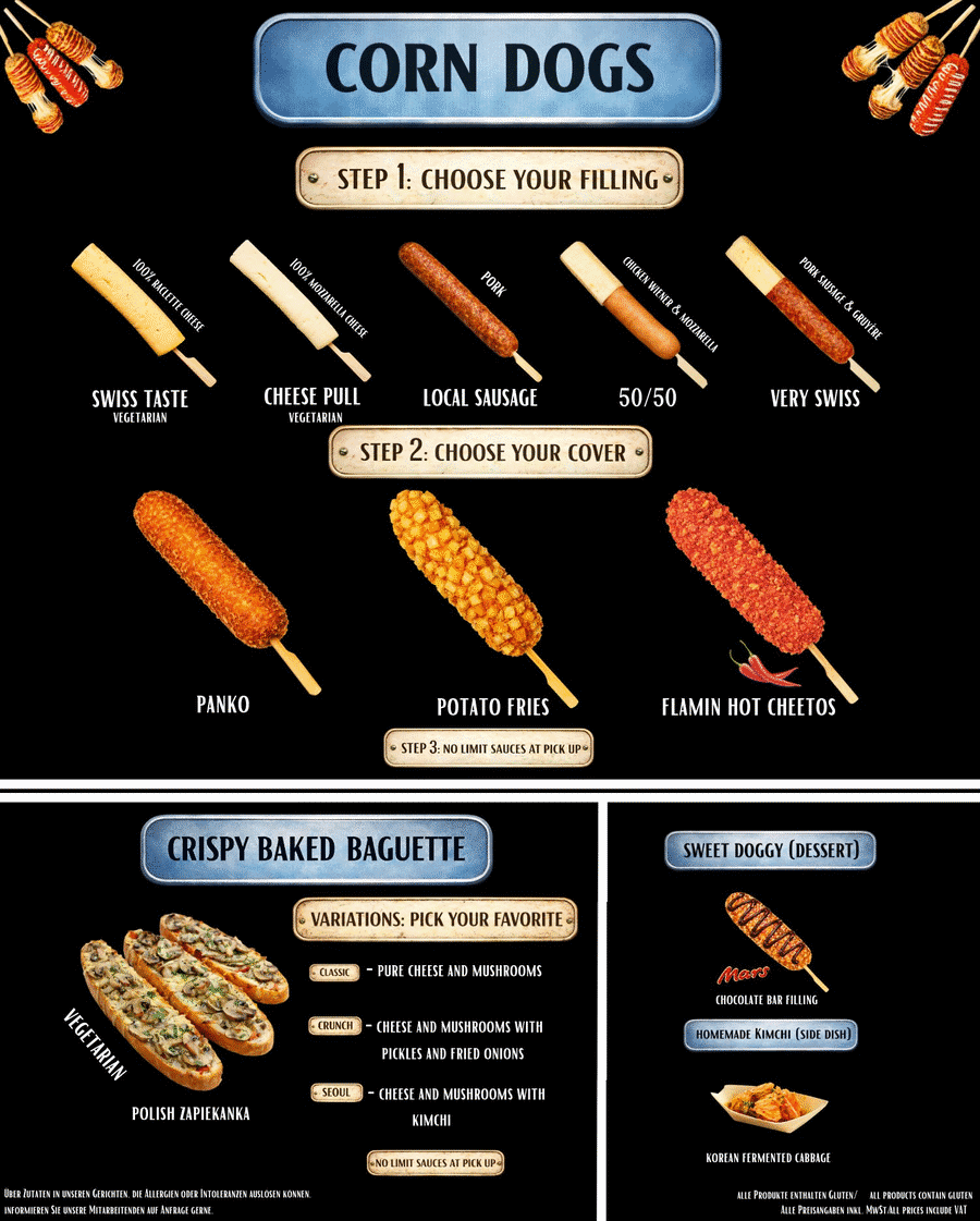 Betty's Corn Dogs full menu board with all prices