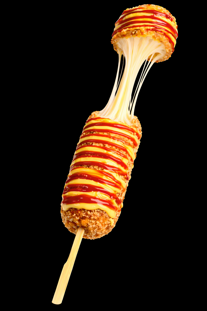Betty's Corn Dogs signature cheese pull — mozzarella corn dog with panko coating, red and yellow sauce drizzle