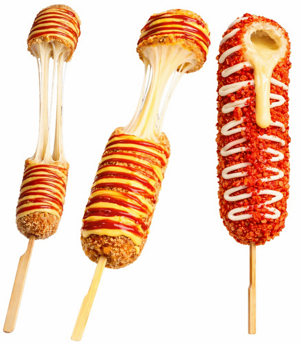 Three Korean corn dogs from Betty's — panko, potato fries and Flamin' Hot Cheetos coatings with sauce drizzle
